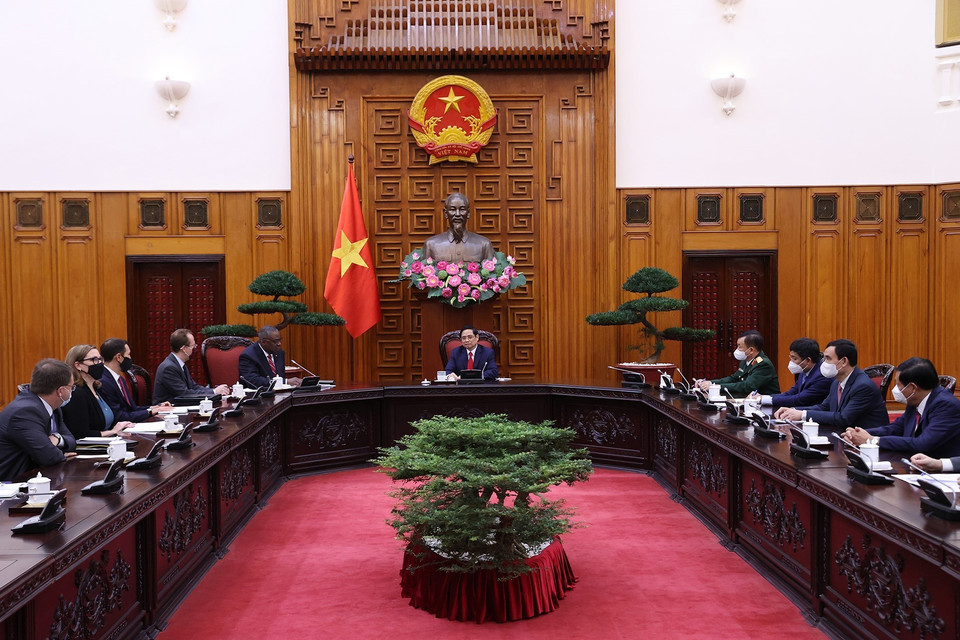 Quang cảnh buổi tiếp Bộ trưởng Quốc phòng Hoa Kỳ Lloyd Austin. (Ảnh: Dương Giang/TTXVN)