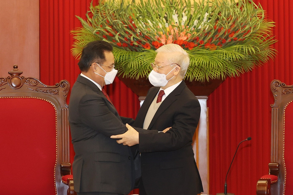 Tổng Bí thư Nguyễn Phú Trọng bày tỏ vui mừng được đón tiếp Chủ tịch Quốc hội Lào Xaysomphone Phomvihane thăm chính thức Việt Nam. (Ảnh: Trí Dũng/TTXVN)