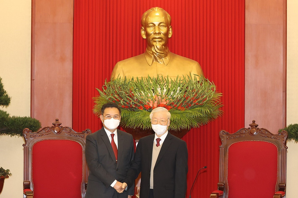 Tổng Bí thư Nguyễn Phú Trọng bày tỏ vui mừng được đón tiếp Chủ tịch Quốc hội Lào Xaysomphone Phomvihane thăm chính thức Việt Nam. (Ảnh: Trí Dũng/TTXVN)