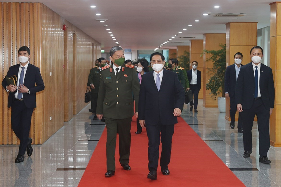 Thủ tướng Phạm Minh Chính đến dự hội nghị Công an toàn quốc lần thứ 77. (Ảnh: Dương Giang/TTXVN)