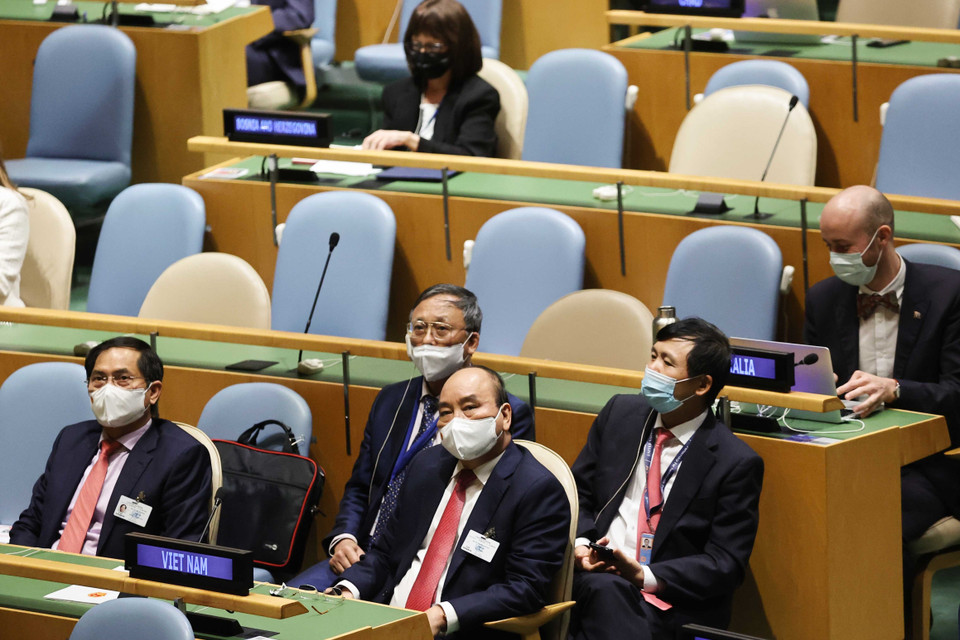 Chủ tịch nước Nguyễn Xuân Phúc tham dự Phiên thảo luận Cấp cao Đại hội đồng Liên hợp quốc lần thứ 76. (Ảnh: Thống Nhất/TTXVN)