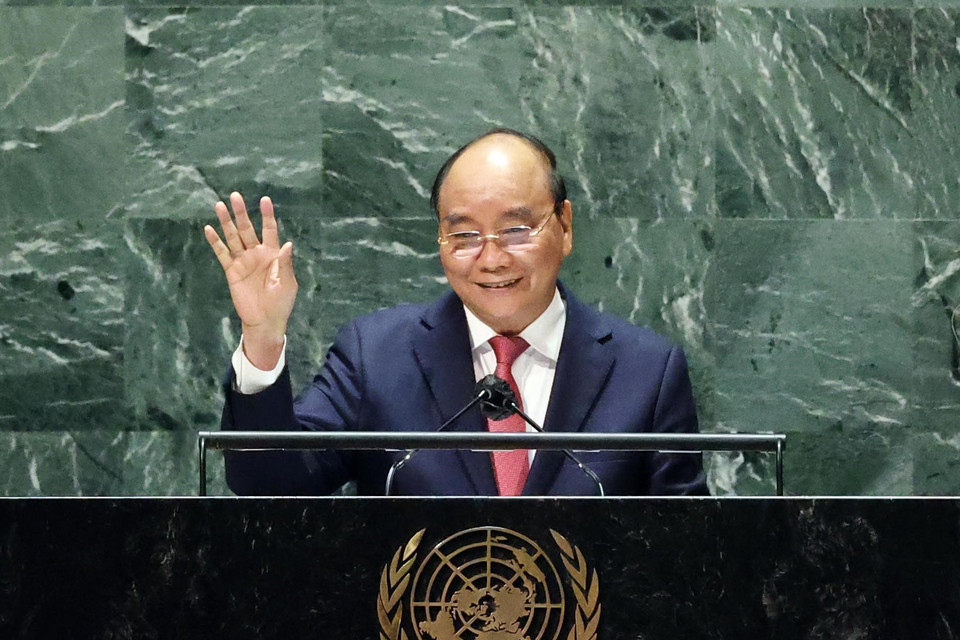 Chủ tịch nước Nguyễn Xuân Phúc phát biểu tại Phiên thảo luận Cấp cao Đại hội đồng Liên hợp quốc lần thứ 76. (Ảnh: Thống Nhất/TTXVN)