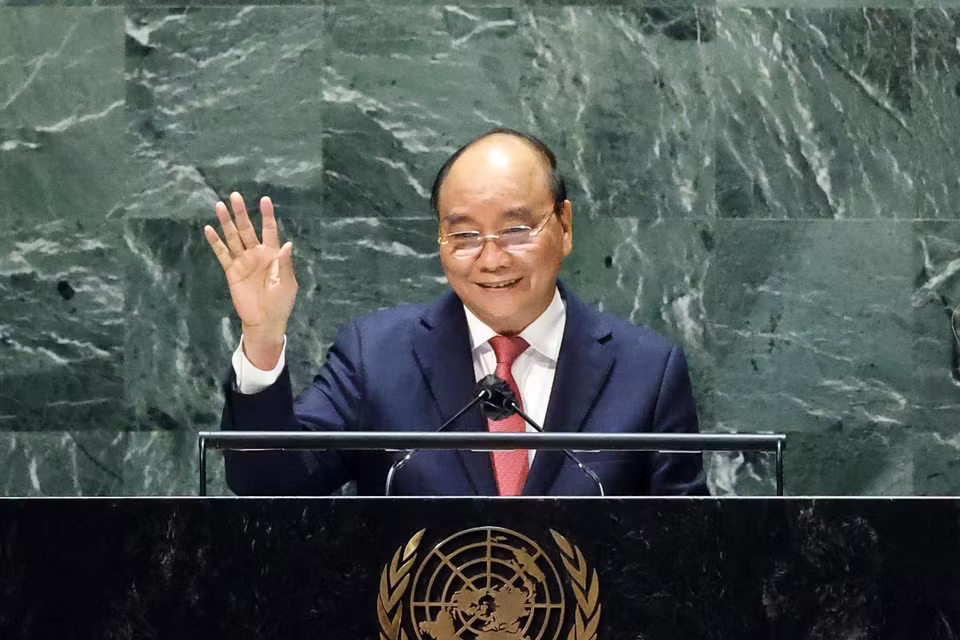 Chủ tịch nước Nguyễn Xuân Phúc phát biểu tại Phiên thảo luận Cấp cao Đại hội đồng Liên hợp quốc lần thứ 76. (Ảnh: Thống Nhất/TTXVN)
