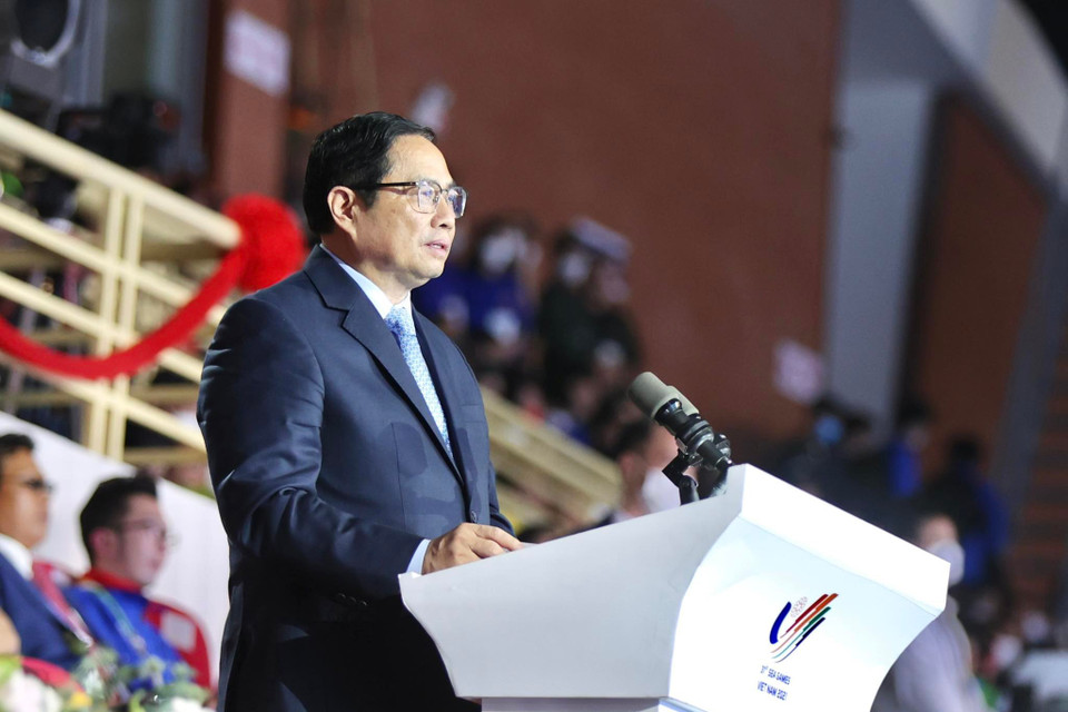 Thủ tướng Phạm Minh Chính phát biểu và tuyên bố bế mạc SEA Games 31. (Ảnh: Minh Hiếu/Vietnam+)