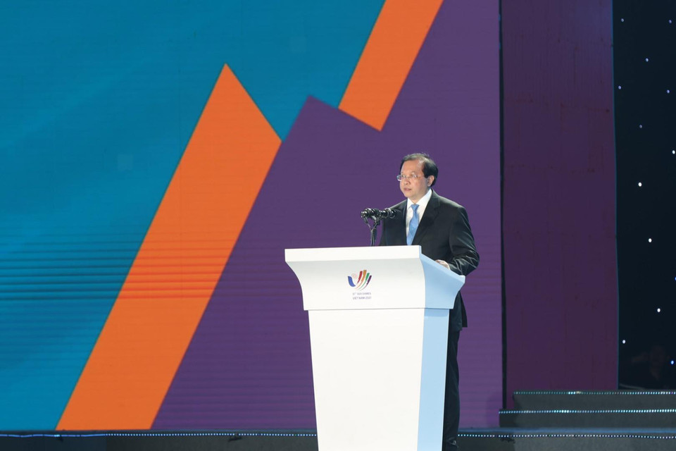 Ông Tạ Quang Đông, Thứ trưởng Bộ Văn hóa, Thể thao và Du lịch phát biểu tại buổi Lễ bế mạc SEA Games 31. (Ảnh: Minh Hiếu/Vietnam+)