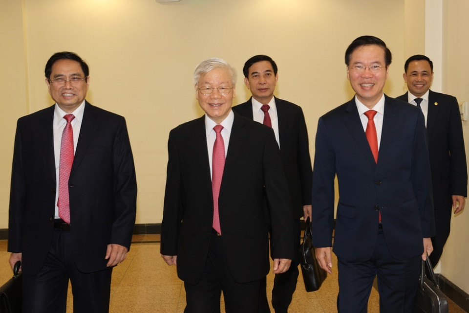 Tổng Bí thư, Chủ tịch nước Nguyễn Phú Trọng và các đồng chí lãnh đạo Đảng, Nhà nước đến dự Hội nghị. (Ảnh: Trí Dũng/TTXVN)