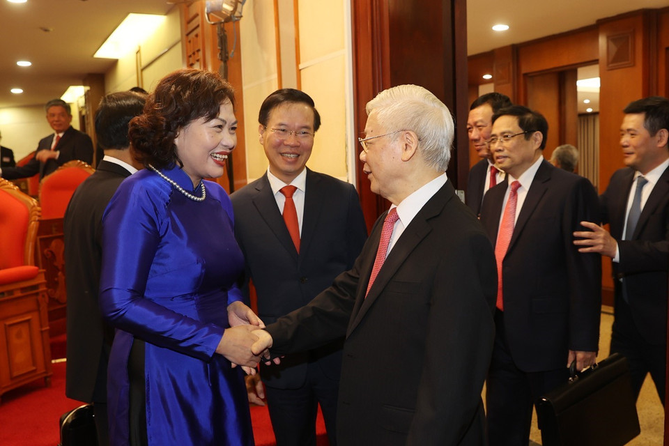 Tổng Bí thư, Chủ tịch nước Nguyễn Phú Trọng với các đại biểu dự Hội nghị. (Ảnh: Trí Dũng/TTXVN)