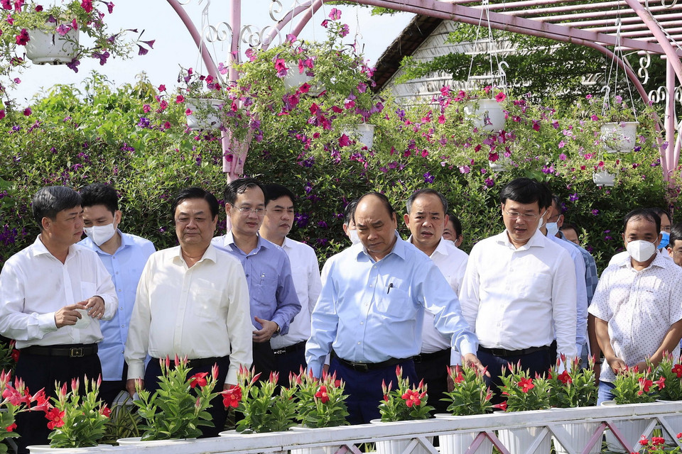 Chủ tịch nước Nguyễn Xuân Phúc cùng Đoàn công tác đi khảo sát Hội quán “Cùng nhau làm du lịch.” (Ảnh: Thống Nhất/TTXVN) 