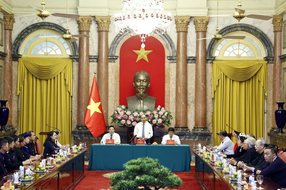 Chủ tịch nước Nguyễn Xuân Phúc phát biểu tại buổi gặp mặt. (Ảnh: Thống Nhất/TTXVN)