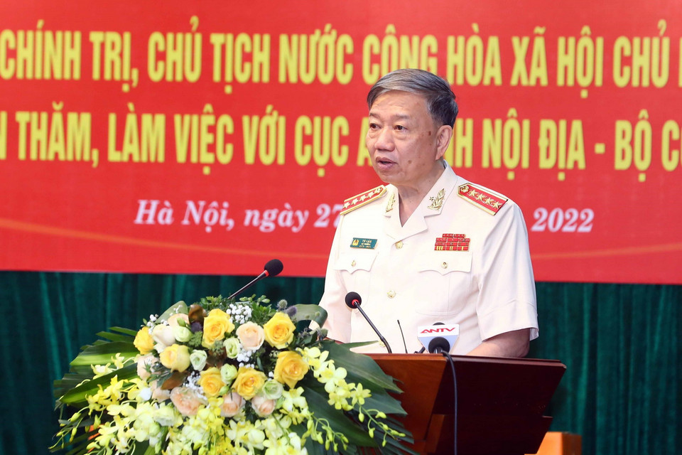  Đại tướng Tô Lâm, Ủy viên Bộ Chính trị, Bộ trưởng Bộ Công an phát biểu. (Ảnh: Phạm Kiên/TTXVN)