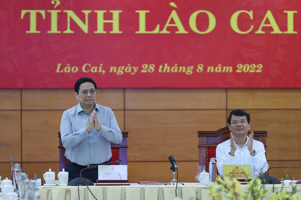 Thủ tướng Phạm Minh Chính tại buổi làm việc với lãnh đạo chủ chốt tỉnh Lào Cai. (Ảnh: Dương Giang/TTXVN)