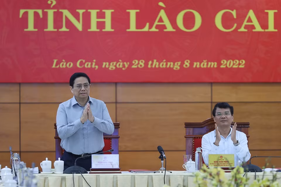 Thủ tướng Phạm Minh Chính tại buổi làm việc với lãnh đạo chủ chốt tỉnh Lào Cai. (Ảnh: Dương Giang/TTXVN)