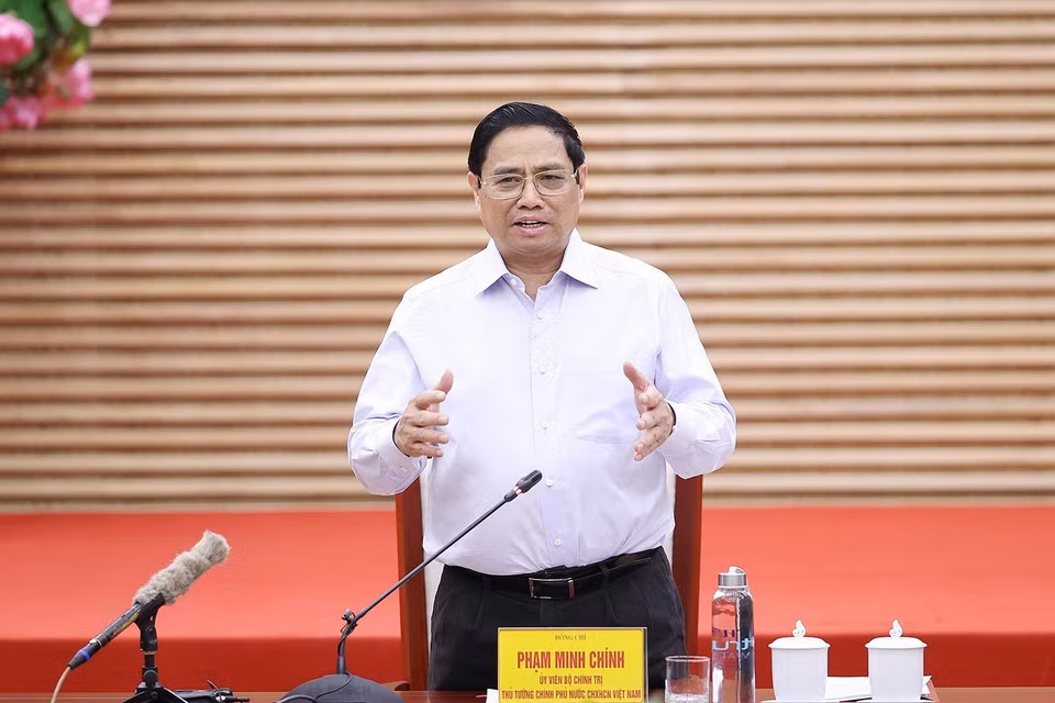 Thủ tướng Phạm Minh Chính phát biểu tại buổi làm việc với lãnh đạo chủ chốt tỉnh Nghệ An. (Ảnh: Dương Giang/TTXVN)