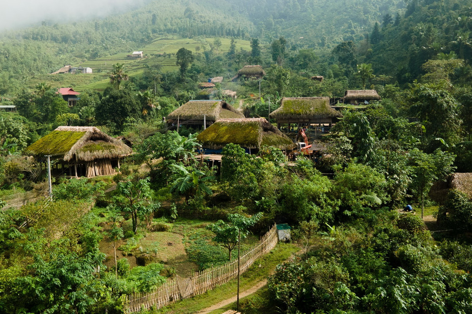  Nằm ở độ cao trên 1.000m so với mực nước biển, những mái nhà lá cọ được rêu phủ quanh năm tại thôn Xà Phìn. (Ảnh: Nam Thái/TTXVN)