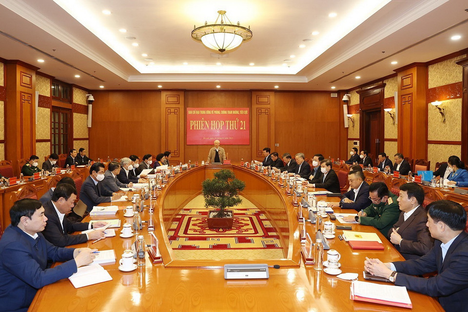 Tổng Bí thư Nguyễn Phú Trọng phát biểu chỉ đạo tại Phiên họp thứ 21 Ban Chỉ đạo Trung ương về phòng, chống tham nhũng, tiêu cực. (Ảnh: Trí Dũng/TTXVN)