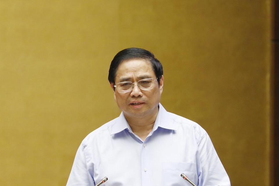 Thủ tướng Chính phủ Phạm Minh Chính giới thiệu chuyên đề tại hội nghị. (Ảnh: Phương Hoa/TTXVN)