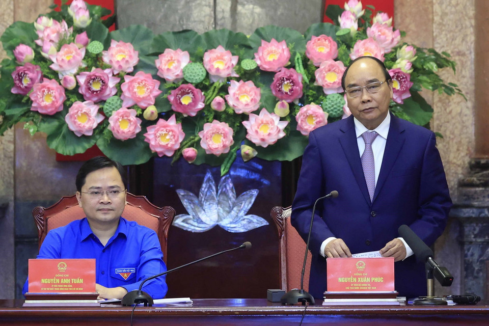 Chủ tịch nước Nguyễn Xuân Phúc phát biểu tại buổi gặp mặt. (Ảnh: Thống Nhất/ TTXVN)