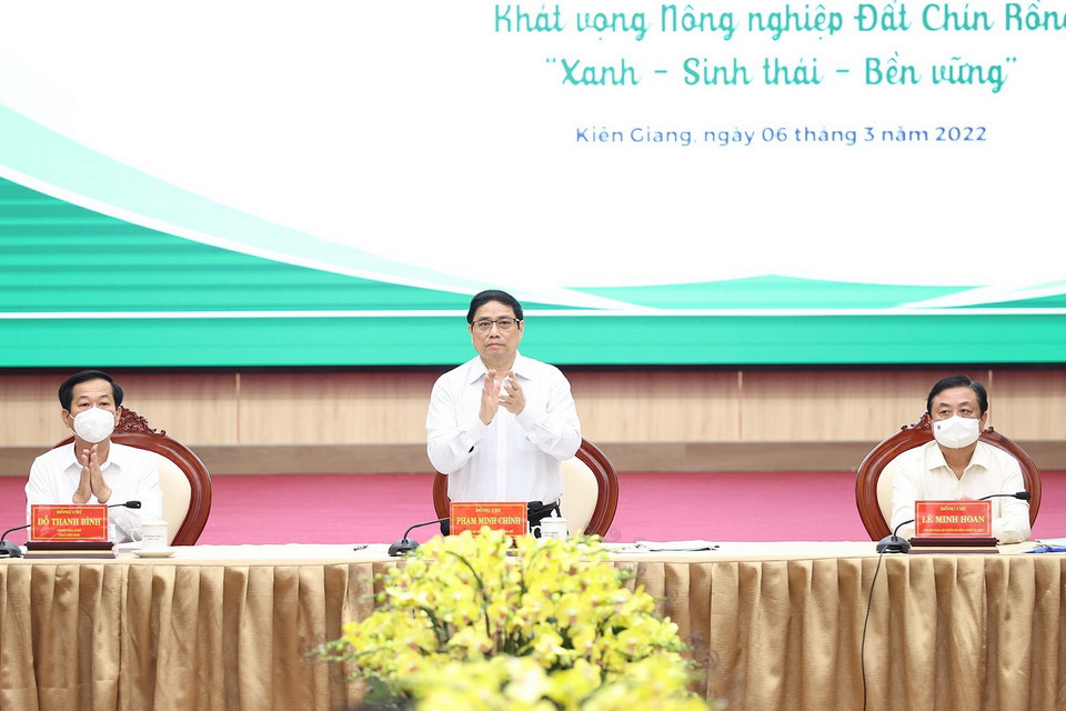  Thủ tướng Phạm Minh Chính tại Hội nghị thúc đẩy phát triển nông nghiệp Đồng bằng sông Cửu Long. (Ảnh: Dương Giang/TTXVN)