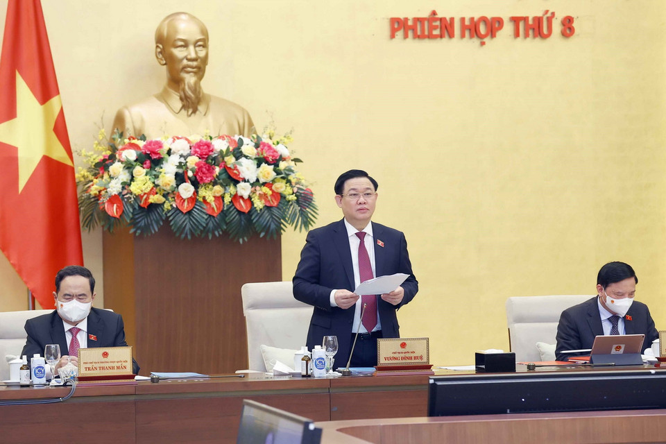 Chủ tịch Quốc hội Vương Đình Huệ phát biểu khai mạc Phiên họp thứ 8 của Ủy ban Thường vụ Quốc hội khóa XV. (Ảnh: Doãn Tấn/TTXVN)