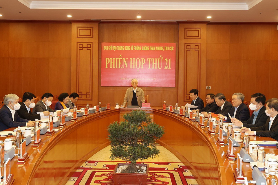 Trưởng Ban Chỉ đạo chủ trì Phiên họp thứ 21 Ban Chỉ đạo Trung ương về phòng, chống tham nhũng, tiêu cực. (Ảnh: Trí Dũng/TTXVN)