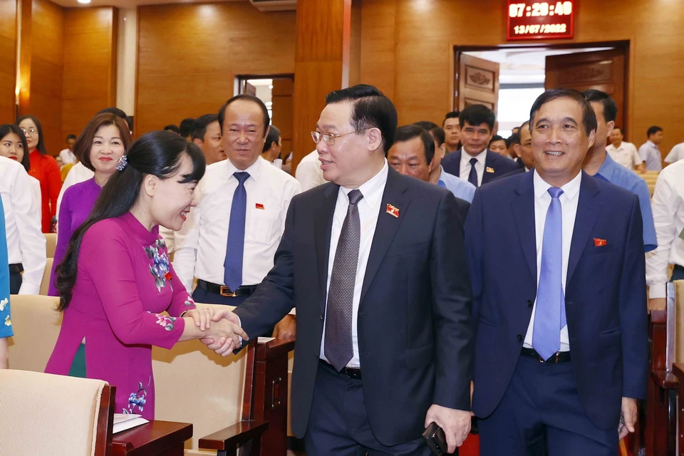 Chủ tịch Quốc hội Vương Đình Huệ đế dự khai mạc Kỳ họp thứ tư, Hội đồng Nhân dân tỉnh Phú Thọ khóa XIX, nhiệm kỳ 2021-2026. (Ảnh: Doãn Tấn/TTXVN)