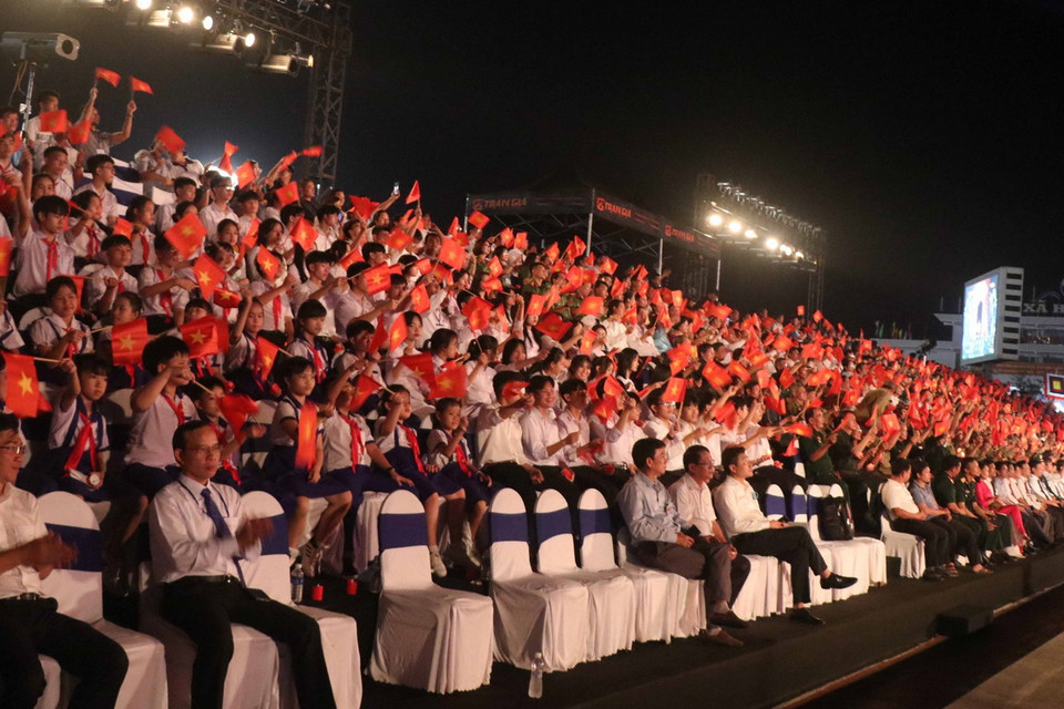  Cầu truyền hình trực tiếp "Khúc tráng ca hòa bình" tại điểm cầu tỉnh Bình Định. (Ảnh: Kha Phạm/TTXVN)