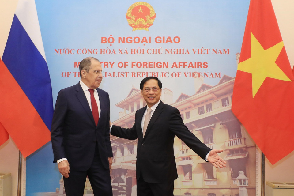 Bộ trưởng Ngoại giao Bùi Thanh Sơn và Bộ trưởng Ngoại giao Nga Sergey Lavrov. (Ảnh: Lâm Khánh/TTXVN)