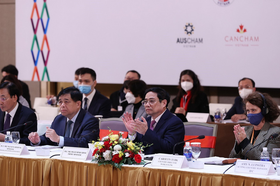 Thủ tướng Phạm Minh Chính tại Phiên cấp cao Diễn đàn doanh nghiệp Việt Nam thường niên (VBF). (Ảnh: Dương Giang/TTXVN) 