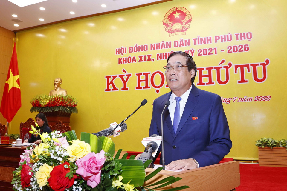 Ông Bùi Minh Châu, Ủy viên Trung ương Đảng, Bí thư Tỉnh ủy, Chủ tịch HĐND tỉnh, Trưởng Đoàn đại biểu Quốc hội tỉnh Phú Thọ phát biểu khai mạc. (Ảnh: Doãn Tấn/TTXVN)