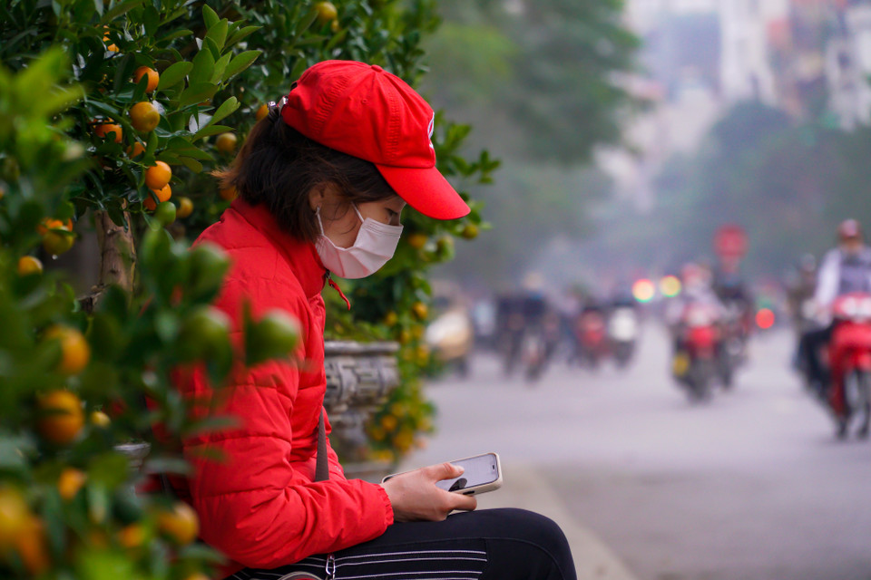 Một số tiểu thương do ế khách nên chỉ biết ngồi lướt điện thoại để giết thời gian. (Ảnh: Minh Hiếu/Vietnam+)