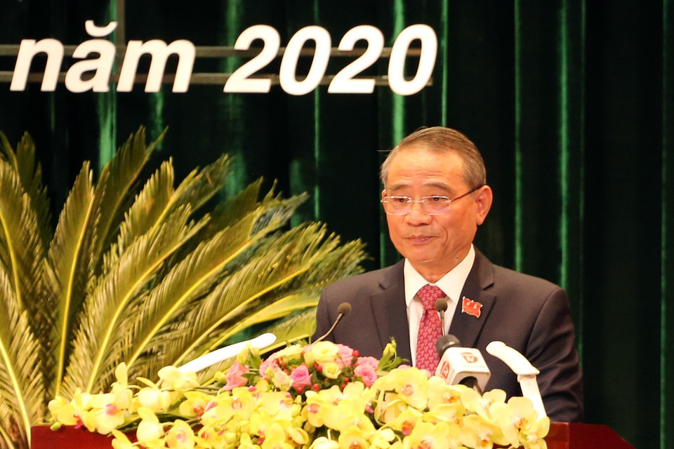 Ủy viên Trung ương Đảng, Bí thư Thành ủy Đà Nẵng Trương Quang Nghĩa phát biểu tại đại hội. (Ảnh: Trần Lê Lâm/TTXVN)