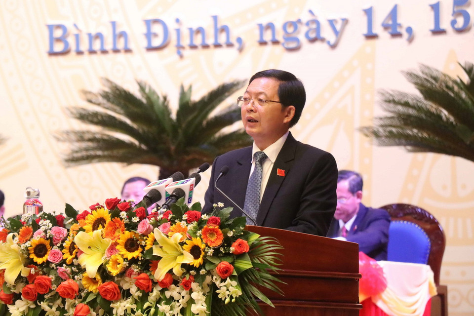 Chủ tịch UBND tỉnh Bình Định Hồ Quốc Dũng phát biểu tại Đại hội. (Ảnh: Phạm Kha/Nguyên Linh/TTXVN)