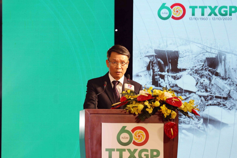 Ủy viên trung ương Đảng, Tổng giám đốc TTXVN Nguyễn Đức Lợi phát biểu tại lễ kỷ niệm. (Ảnh: Nhật Anh/TTXVN)