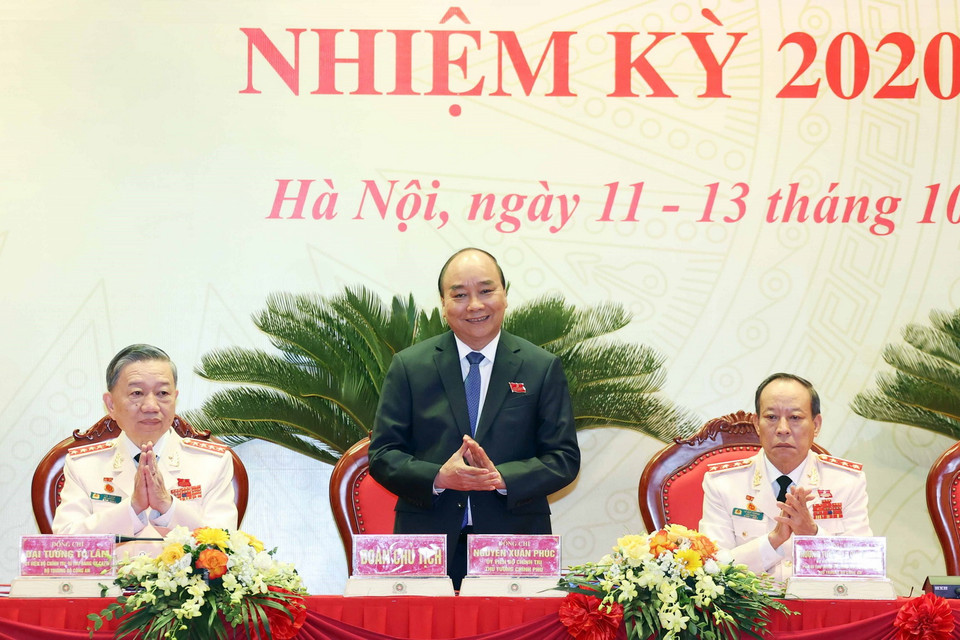 Thủ tướng Chính phủ Nguyễn Xuân Phúc dự và chỉ đạo Đại hội đại biểu Đảng bộ Công an Trung ương lần thứ VII nhiệm kỳ 2020-2025. (Ảnh: Thống Nhất/TTXVN)