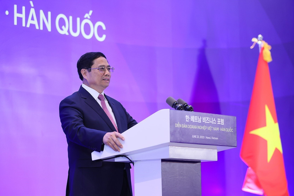 Thủ tướng Phạm Minh Chính phát biểu tại Diễn đàn Doanh nghiệp Việt Nam-Hàn Quốc. (Ảnh: Dương Giang/TTXVN)