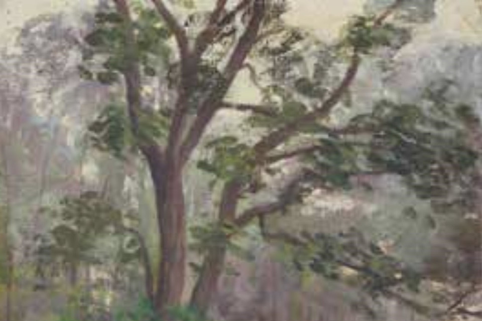 Bức tranh "Bụi rậm dưới bóng hoàng hôn" của Vua Hàm Nghi được mua với giá 38.000 Euro. (Ảnh: Nguyễn Thu Hà/TTXVN)