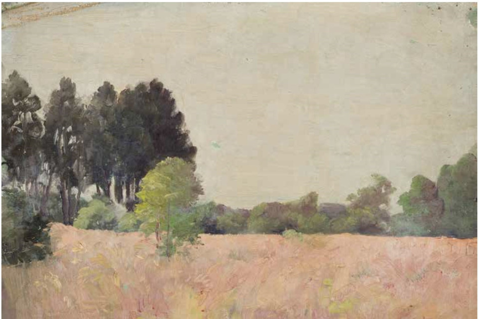 Bức tranh "Cánh đồng lúa mỳ" của Vua Hàm Nghi là một trong những bức được mua với giá 32.000 Euro. (Ảnh: Nguyễn Thu Hà/TTXVN)