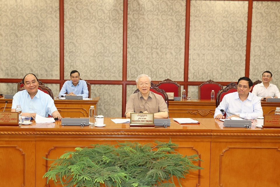 Tổng Bí thư Nguyễn Phú Trọng phát biểu kết luận cuộc họp. (Ảnh: Trí Dũng/TTXVN)