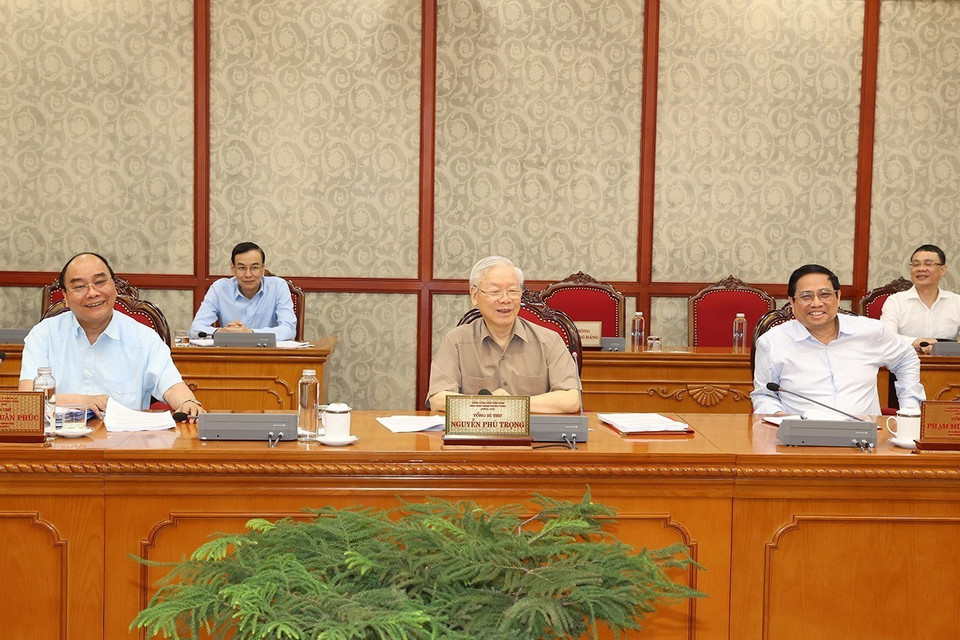 Tổng Bí thư Nguyễn Phú Trọng phát biểu kết luận cuộc họp. (Ảnh: Trí Dũng/TTXVN)