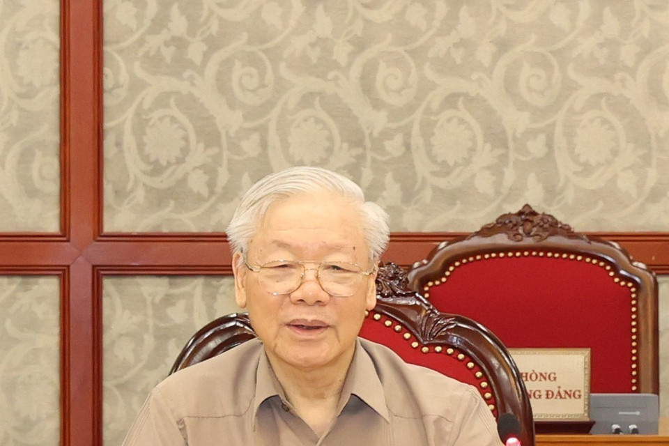  Tổng Bí thư Nguyễn Phú Trọng phát biểu kết luận cuộc họp. (Ảnh: Trí Dũng/TTXVN)