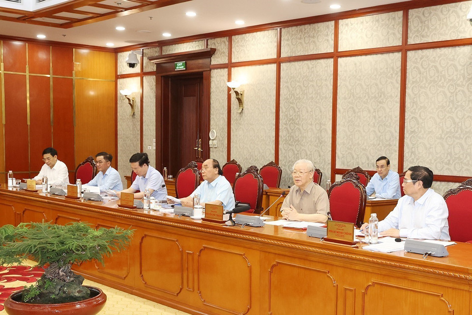 Tổng Bí thư Nguyễn Phú Trọng phát biểu kết luận cuộc họp. (Ảnh: Trí Dũng/TTXVN)