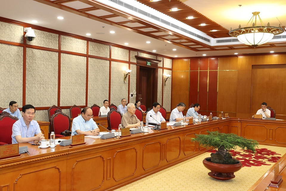 Tổng Bí thư Nguyễn Phú Trọng phát biểu kết luận cuộc họp. (Ảnh: Trí Dũng/TTXVN)