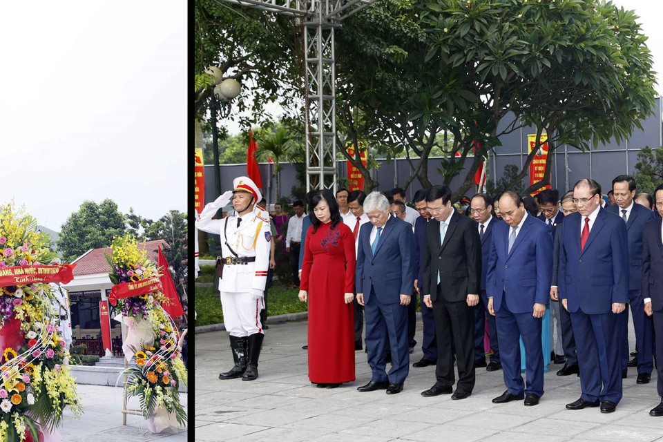 Chủ tịch nước Nguyễn Xuân Phúc và lãnh đạo, nguyên lãnh đạo Đảng, Nhà nước dâng hương, dâng hoa trước tượng đài Tổng Bí thư Nguyễn Văn Cừ, phường Phù Khê, thành phố Từ Sơn, tỉnh Bắc Ninh. (Ảnh: Thống Nhất/TTXVN)