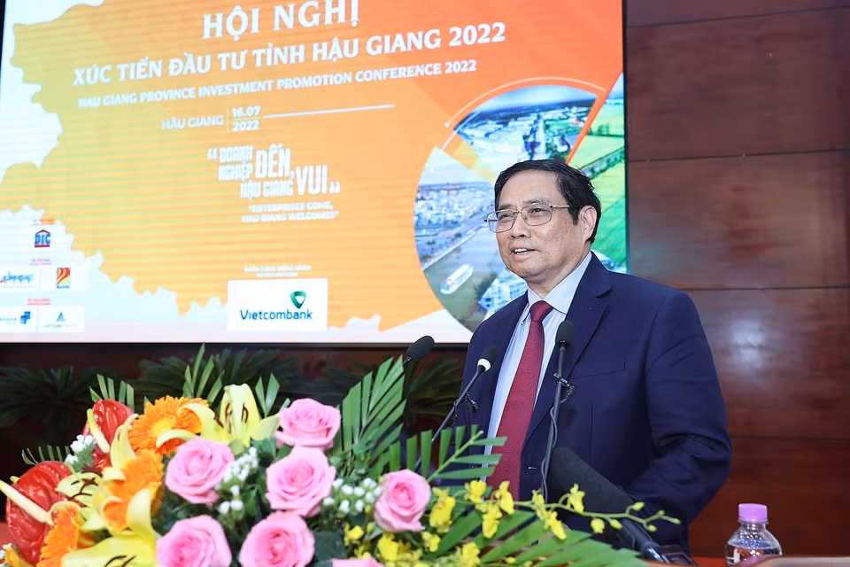 Thủ tướng Phạm Minh Chính phát biểu tại Hội nghị xúc tiến đầu tư tỉnh Hậu Giang 2022. (Ảnh: Dương Giang/TTXVN)