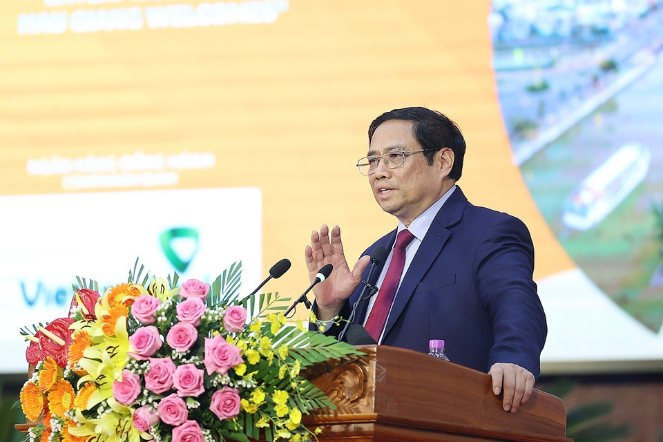 Thủ tướng Phạm Minh Chính phát biểu tại Hội nghị xúc tiến đầu tư tỉnh Hậu Giang 2022. (Ảnh: Dương Giang/TTXVN)