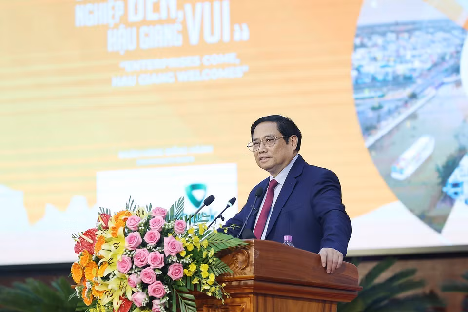Thủ tướng Phạm Minh Chính phát biểu tại Hội nghị xúc tiến đầu tư tỉnh Hậu Giang 2022. (Ảnh: Dương Giang/TTXVN)