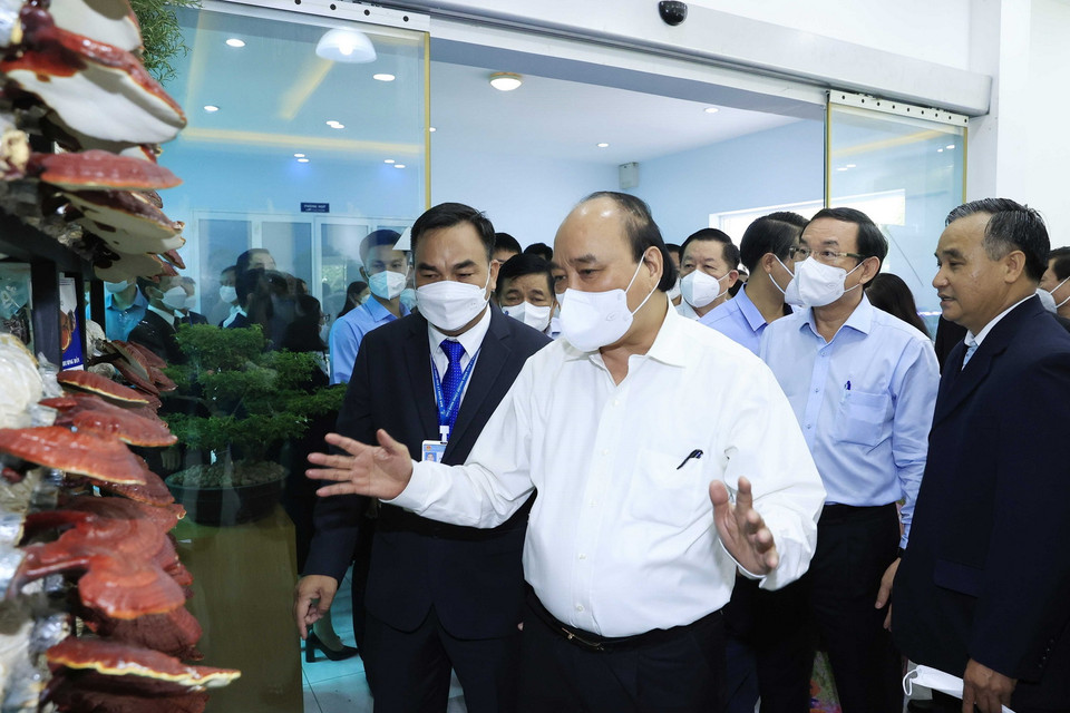 Chủ tịch nước Nguyễn Xuân Phúc thăm Phòng trưng bày sản phẩm nông nghiệp công nghệ cao. (Ảnh: Thống Nhất/TTXVN)