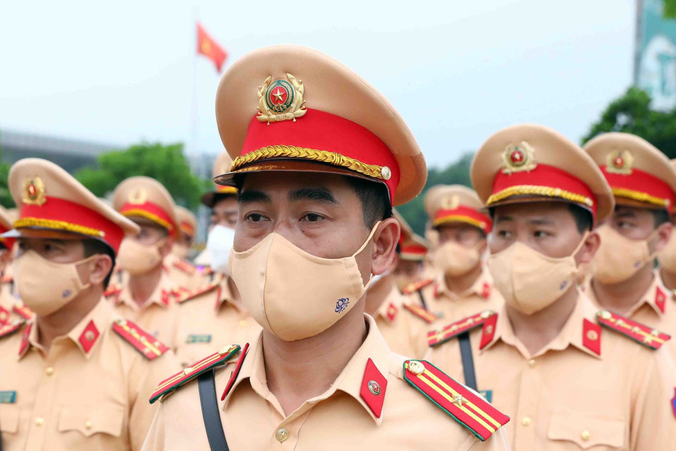 Lực lượng Cảnh sát giao thông tham dự buổi lễ. (Ảnh: Phạm Kiên/TTXVN)