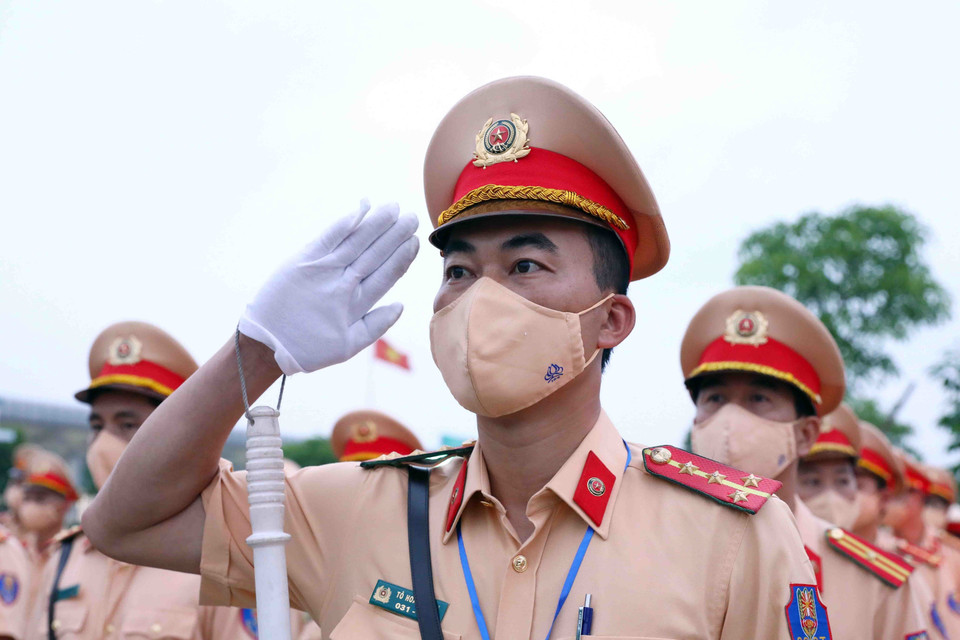 Lực lượng Cảnh sát giao thông tham dự buổi lễ. (Ảnh: Phạm Kiên/TTXVN)