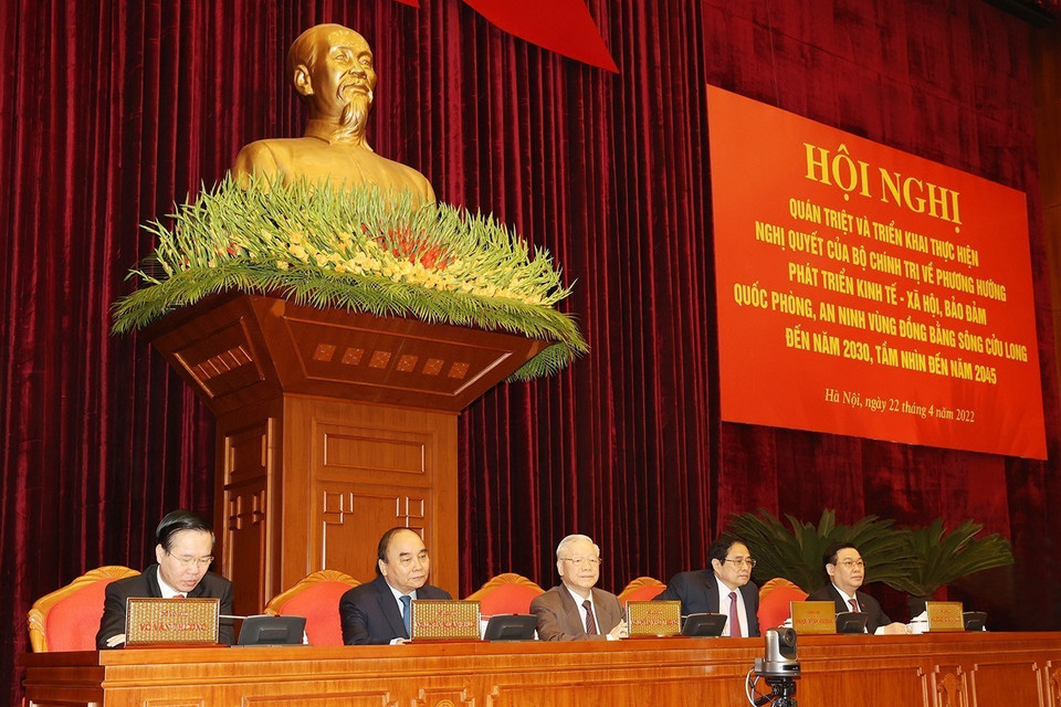 Tổng Bí thư Nguyễn Phú Trọng,cùng các lãnh đạo Đảng và Nhà nước chủ trì hội nghị. (Ảnh: Trí Dũng/TTXVN)